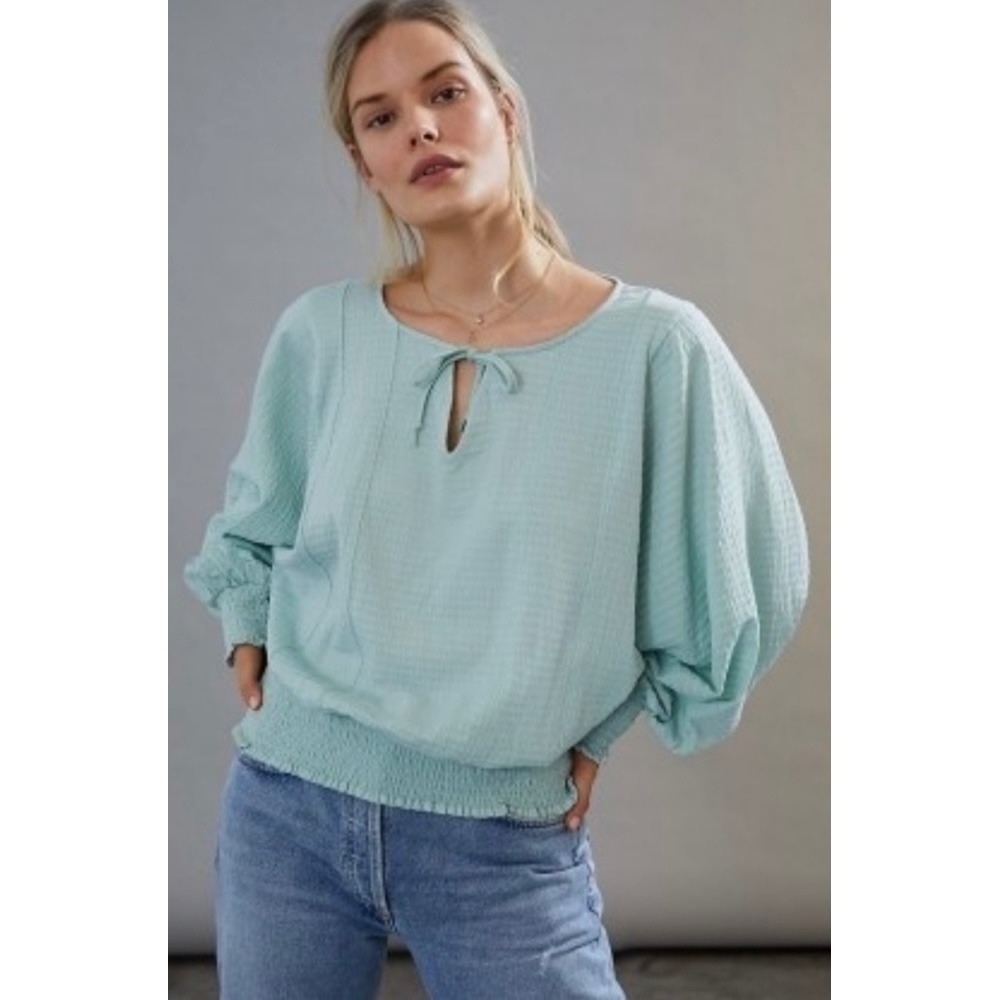 Anthropologie Mint Green Seersucker Smocked Blouse Tie Neck OB1281671‎ Womens M